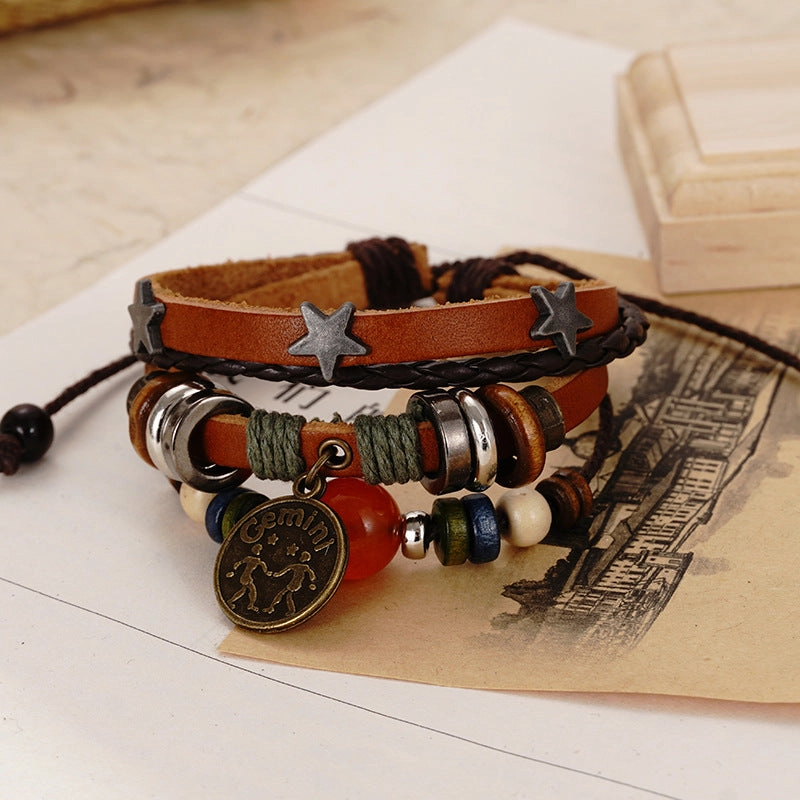Wholesale Twelve Constellation Agate Punk Vintage Rivet Jewelry Multi-layer Bracelet