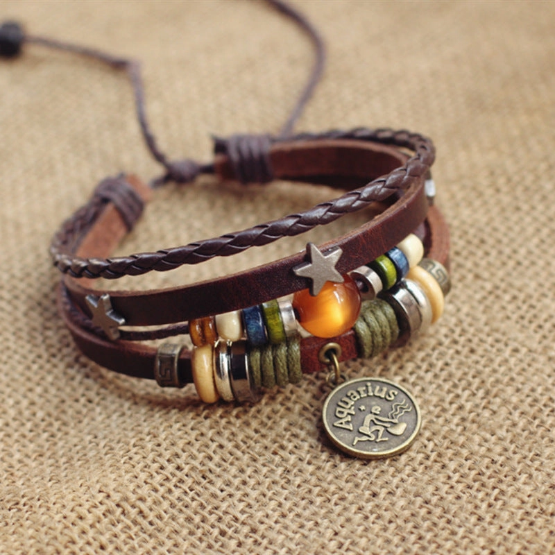 Wholesale Twelve Constellation Agate Punk Vintage Rivet Jewelry Multi-layer Bracelet