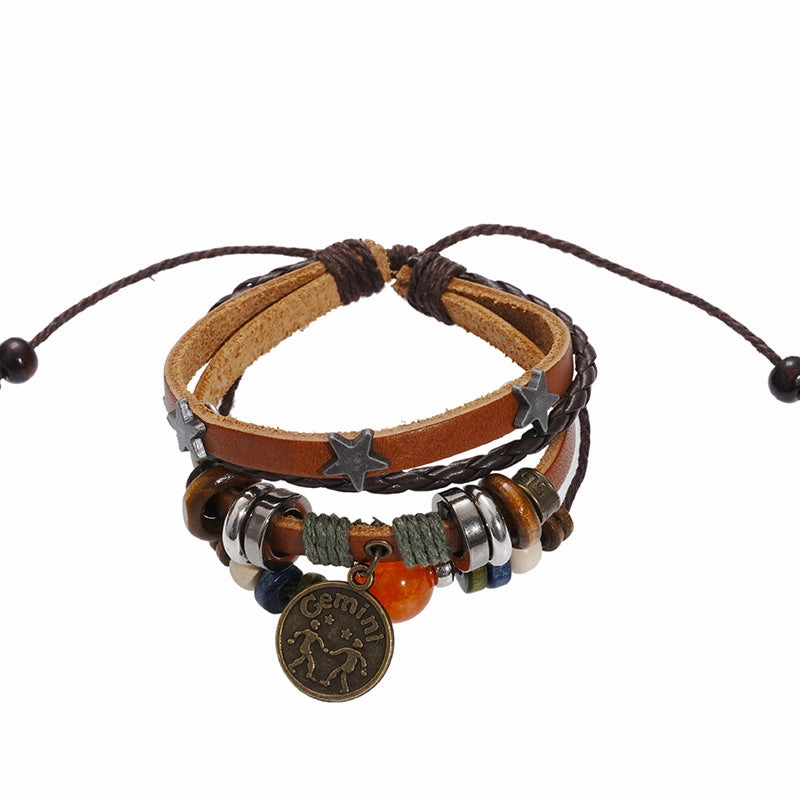 Wholesale Twelve Constellation Agate Punk Vintage Rivet Jewelry Multi-layer Bracelet