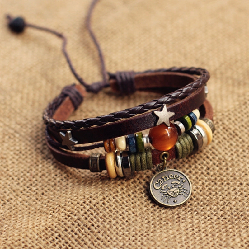 Wholesale Twelve Constellation Agate Punk Vintage Rivet Jewelry Multi-layer Bracelet