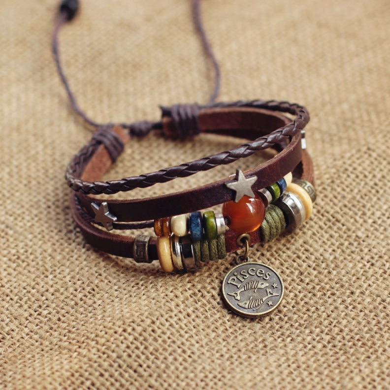 Wholesale Twelve Constellation Agate Punk Vintage Rivet Jewelry Multi-layer Bracelet