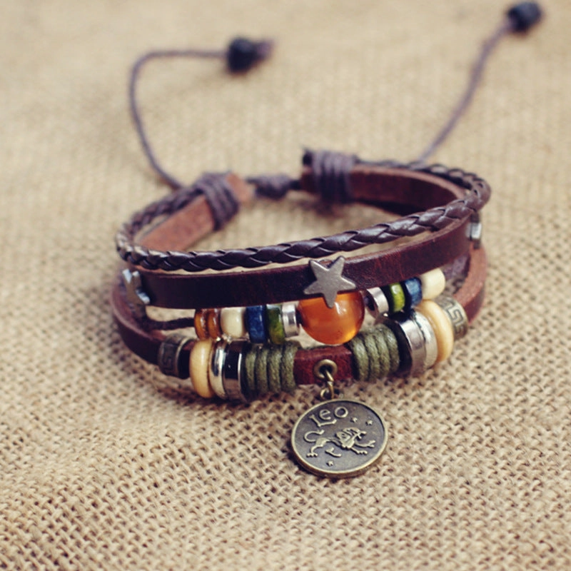 Wholesale Twelve Constellation Agate Punk Vintage Rivet Jewelry Multi-layer Bracelet