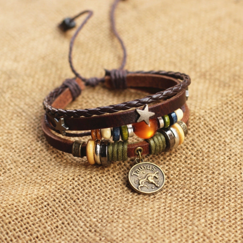 Wholesale Twelve Constellation Agate Punk Vintage Rivet Jewelry Multi-layer Bracelet