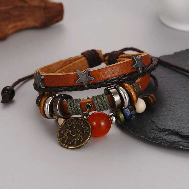 Wholesale Twelve Constellation Agate Punk Vintage Rivet Jewelry Multi-layer Bracelet