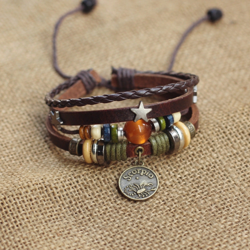 Wholesale Twelve Constellation Agate Punk Vintage Rivet Jewelry Multi-layer Bracelet