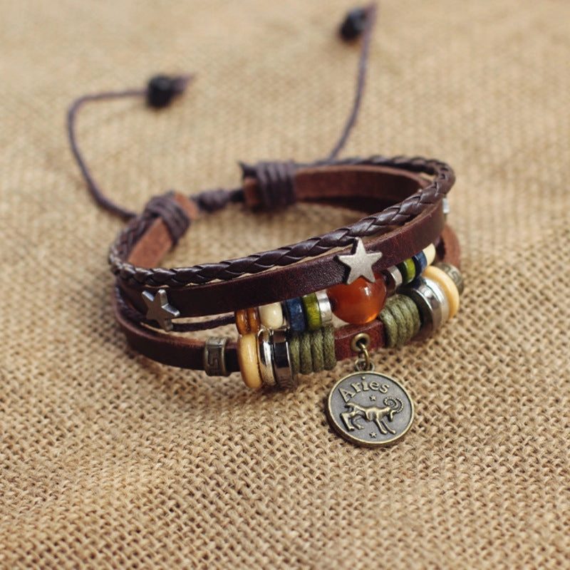 Wholesale Twelve Constellation Agate Punk Vintage Rivet Jewelry Multi-layer Bracelet
