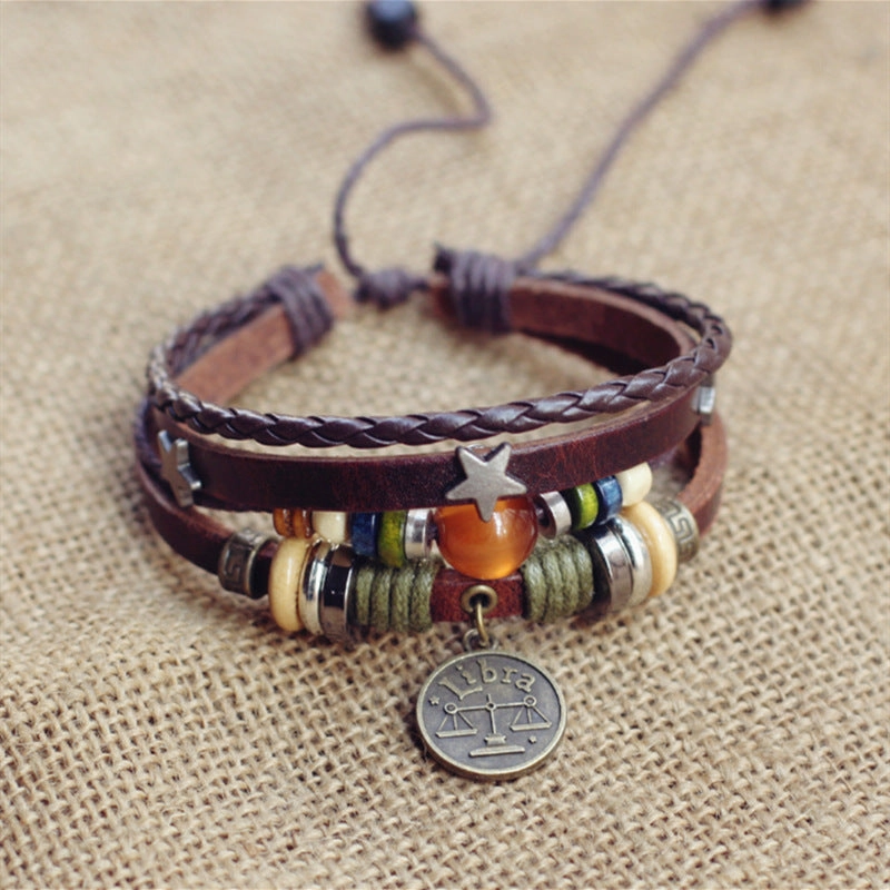 Wholesale Twelve Constellation Agate Punk Vintage Rivet Jewelry Multi-layer Bracelet