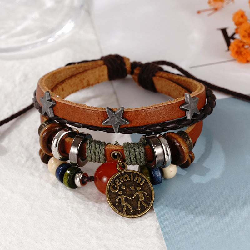 Wholesale Twelve Constellation Agate Punk Vintage Rivet Jewelry Multi-layer Bracelet