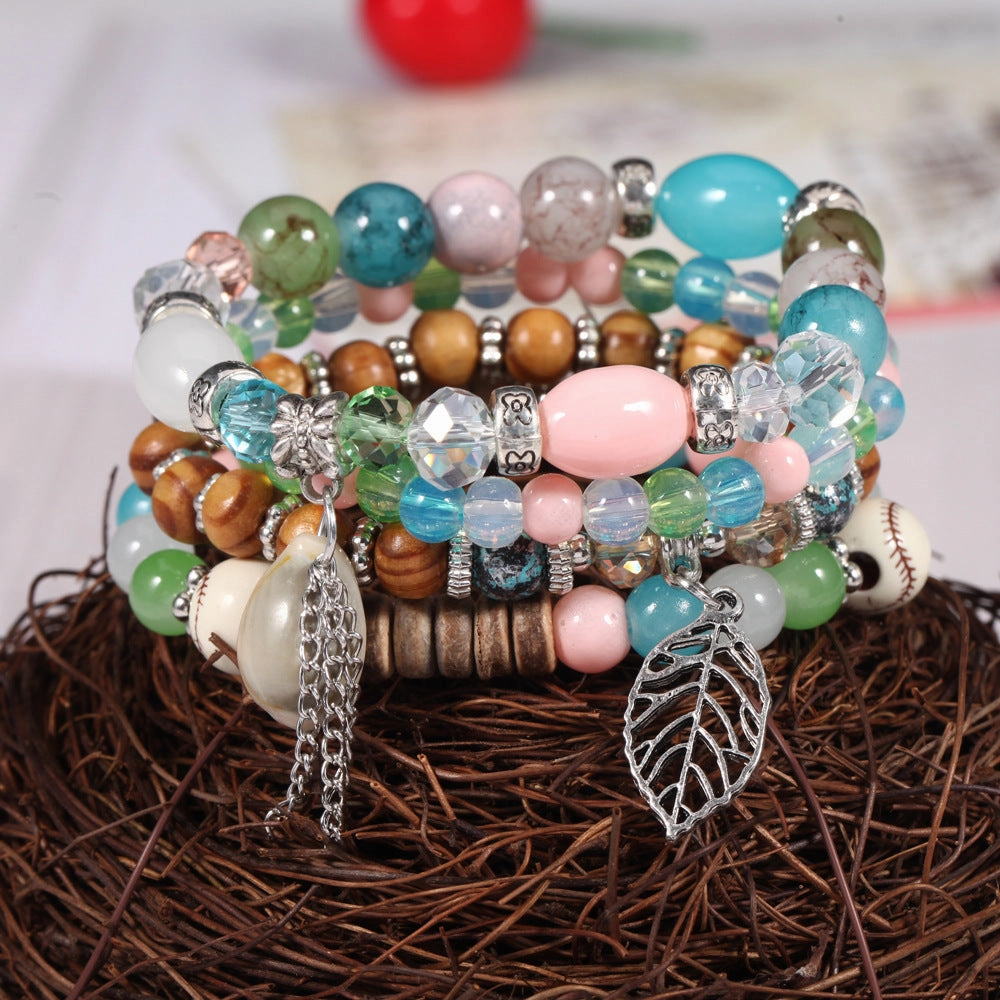 Wholesale Vacation Colorful Diamond Beaded Leaf Shell Imitation Crackle Stone Bracelet