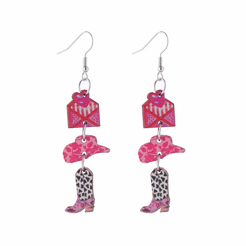 Wholesale Valentine's Day Love Boots Cat Cowboy Hat Wooden Earrings
