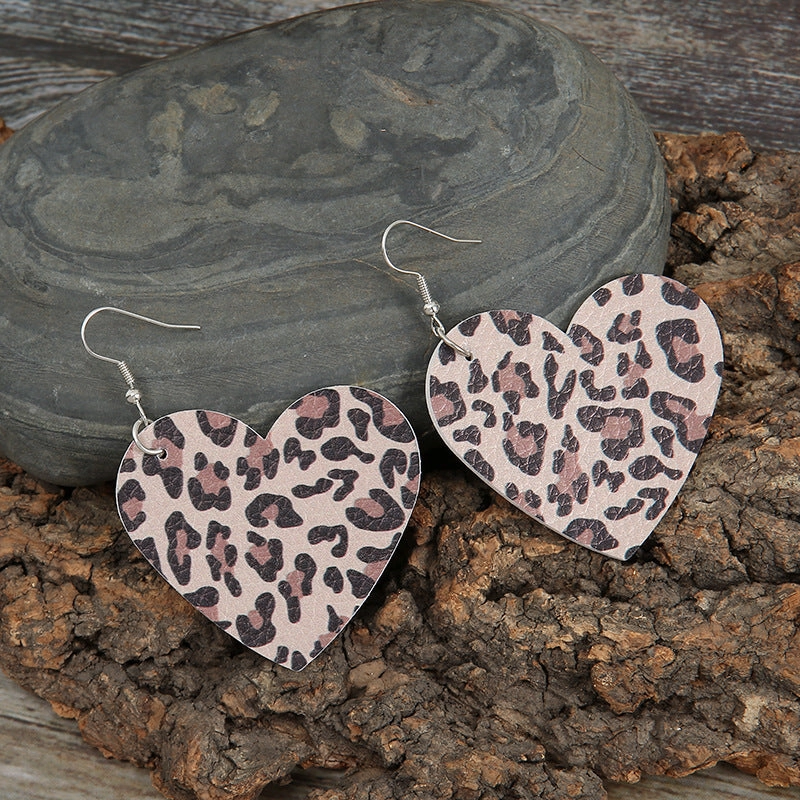 Wholesale Valentine's Day Love Double Sided Leopard Pattern Leather Earrings