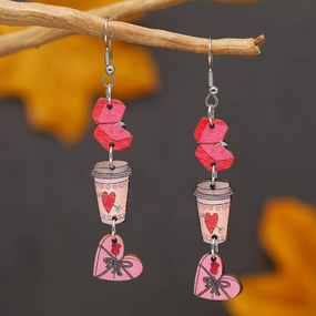 Wholesale Valentine's Day Love Gift Boxes, Water Cup Printed Wooden Earrings