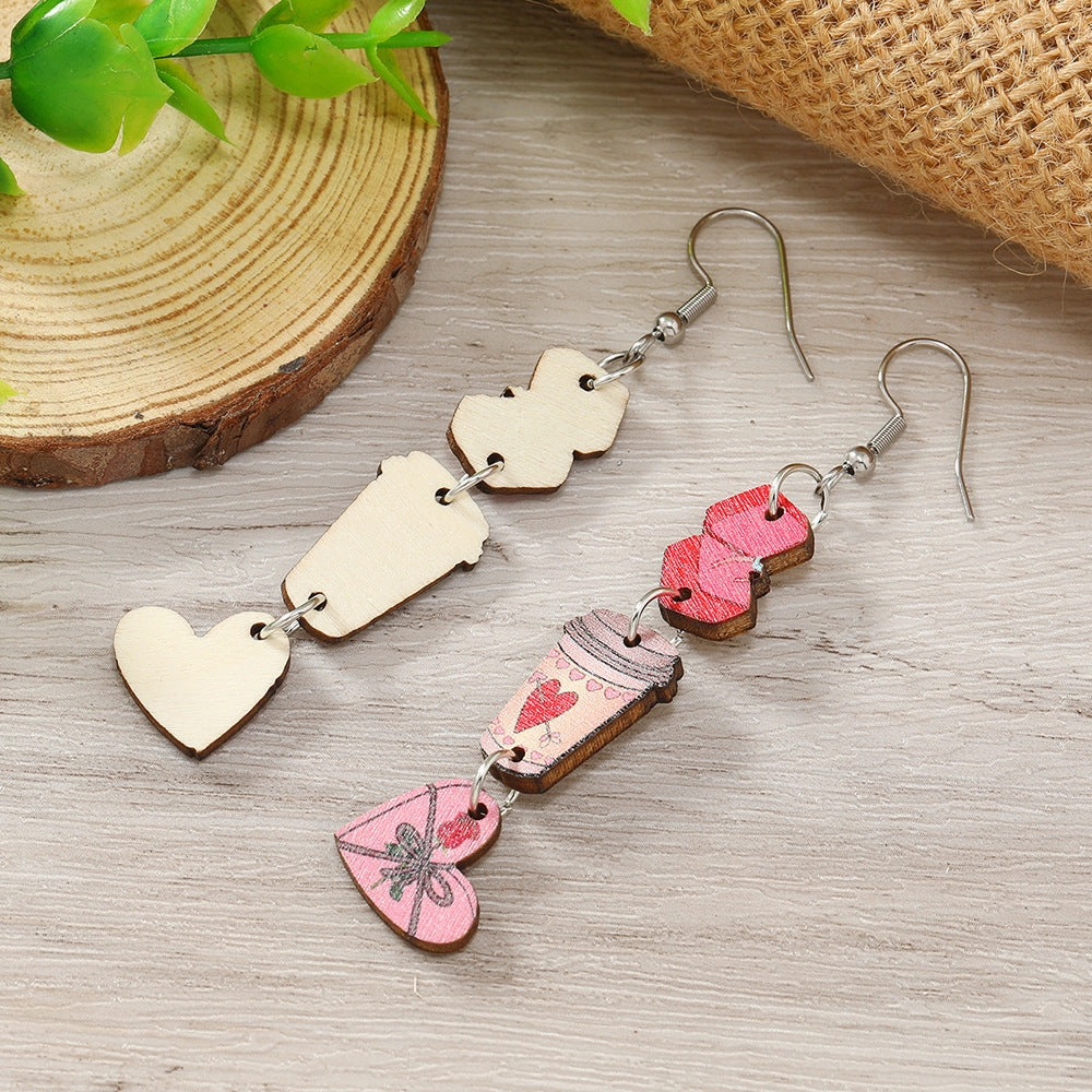 Wholesale Valentine's Day Love Gift Boxes, Water Cup Printed Wooden Earrings