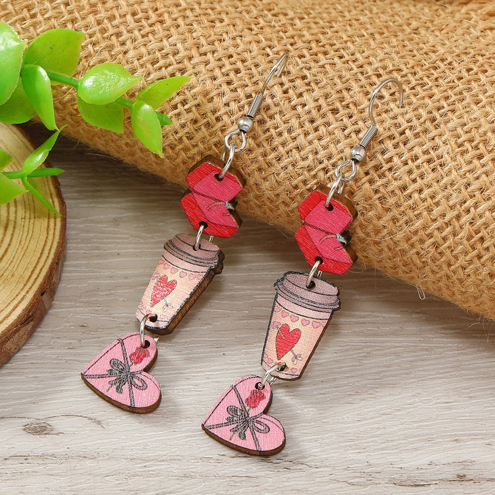 Wholesale Valentine's Day Love Gift Boxes, Water Cup Printed Wooden Earrings