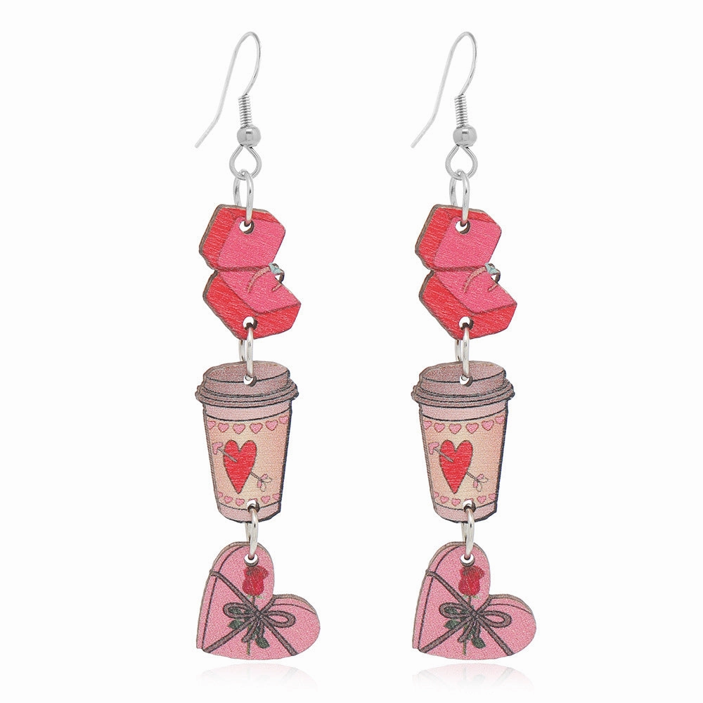 Wholesale Valentine's Day Love Gift Boxes, Water Cup Printed Wooden Earrings
