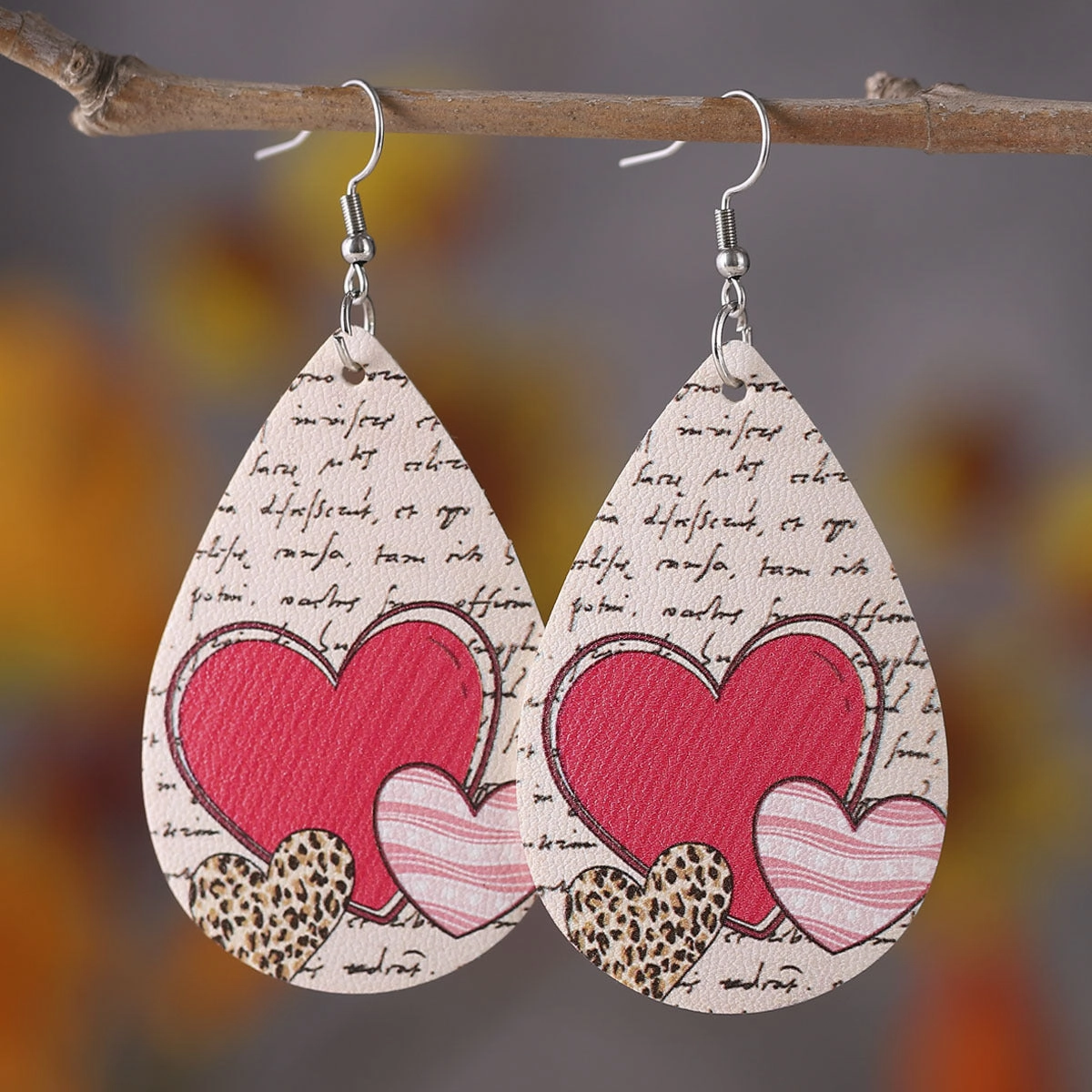 Wholesale Valentine's Day Love Leopard Heart Water Drop Pendant PU Double-sided Valentine's Day Earrings