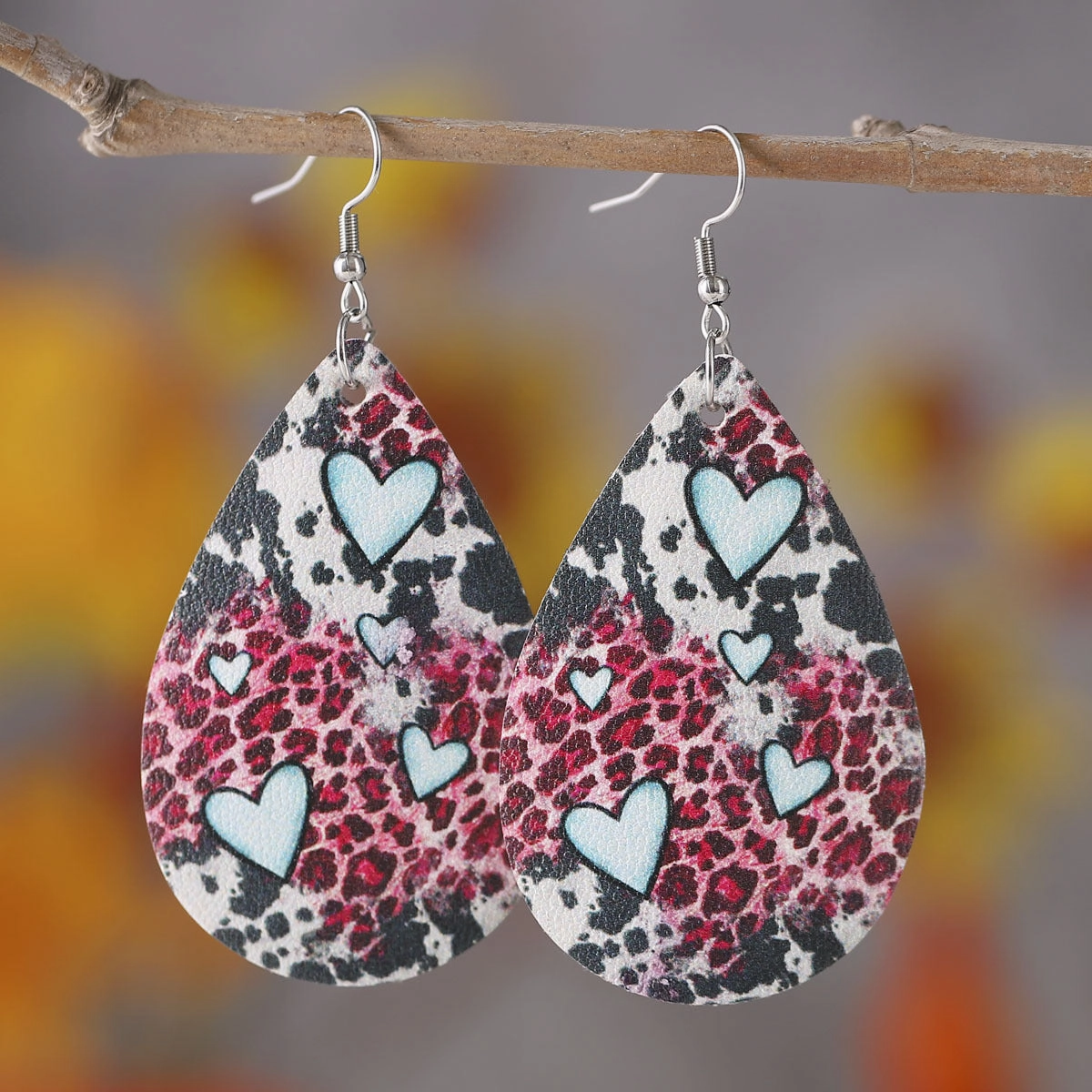 Wholesale Valentine's Day Love Leopard Heart Water Drop Pendant PU Double-sided Valentine's Day Earrings