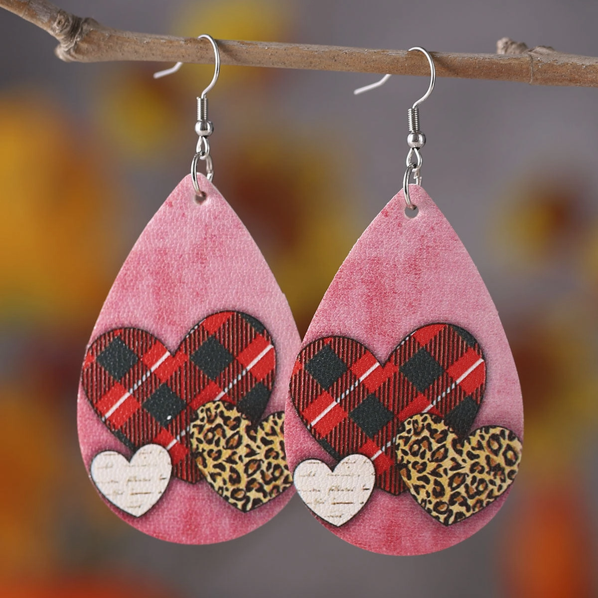 Wholesale Valentine's Day Love Leopard Heart Water Drop Pendant PU Double-sided Valentine's Day Earrings