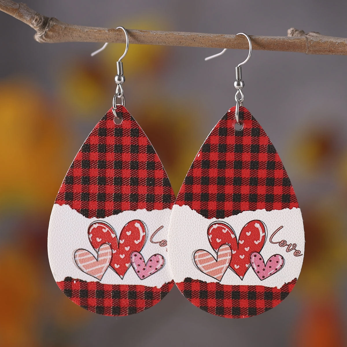 Wholesale Valentine's Day Love Leopard Heart Water Drop Pendant PU Double-sided Valentine's Day Earrings