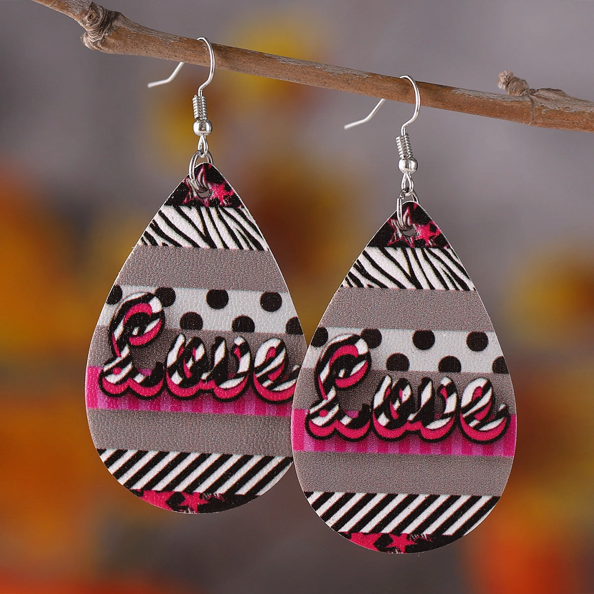 Wholesale Valentine's Day Love Leopard Heart Water Drop Pendant PU Double-sided Valentine's Day Earrings
