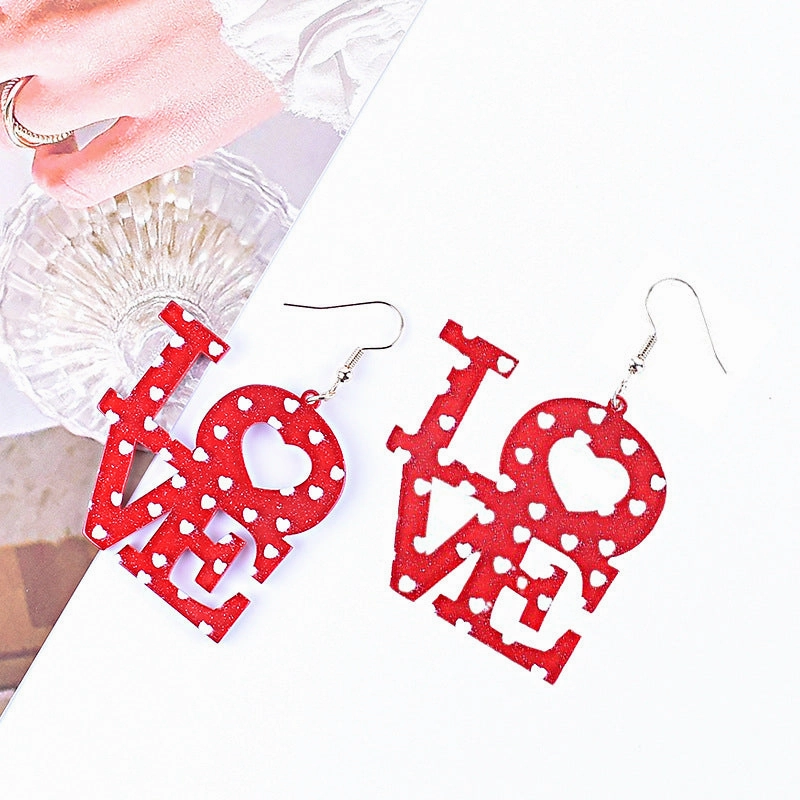 Wholesale Valentine's Day Love Red Pink Glitter Love English Letter Party Gift Earrings