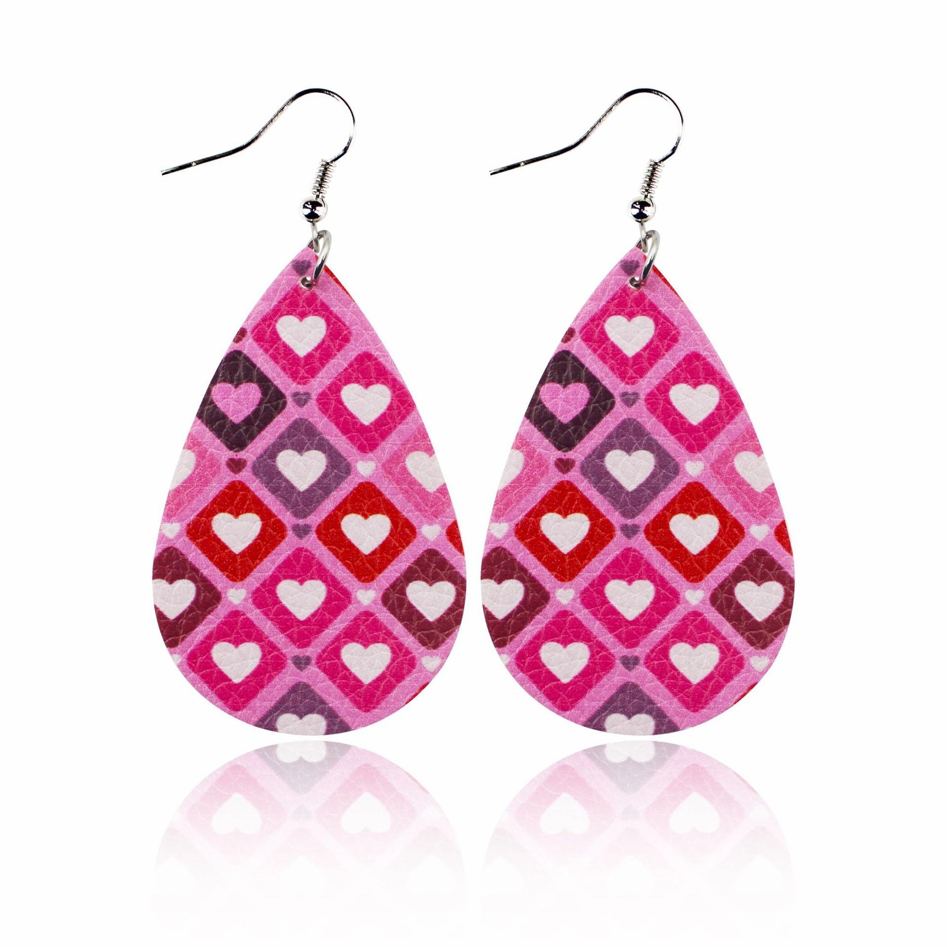 Wholesale Valentine's Day Love Romantic Polka Dot Stripe Printed Water Drop Leather Earrings