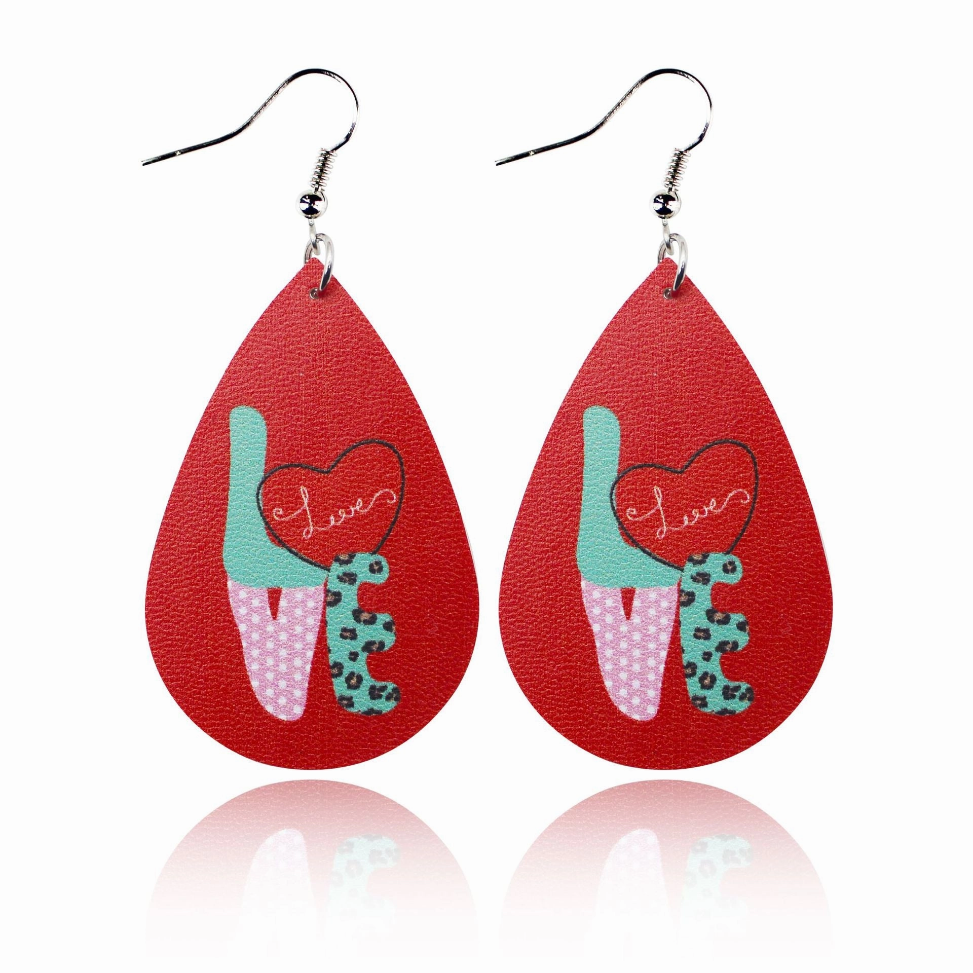 Wholesale Valentine's Day Love Romantic Polka Dot Stripe Printed Water Drop Leather Earrings