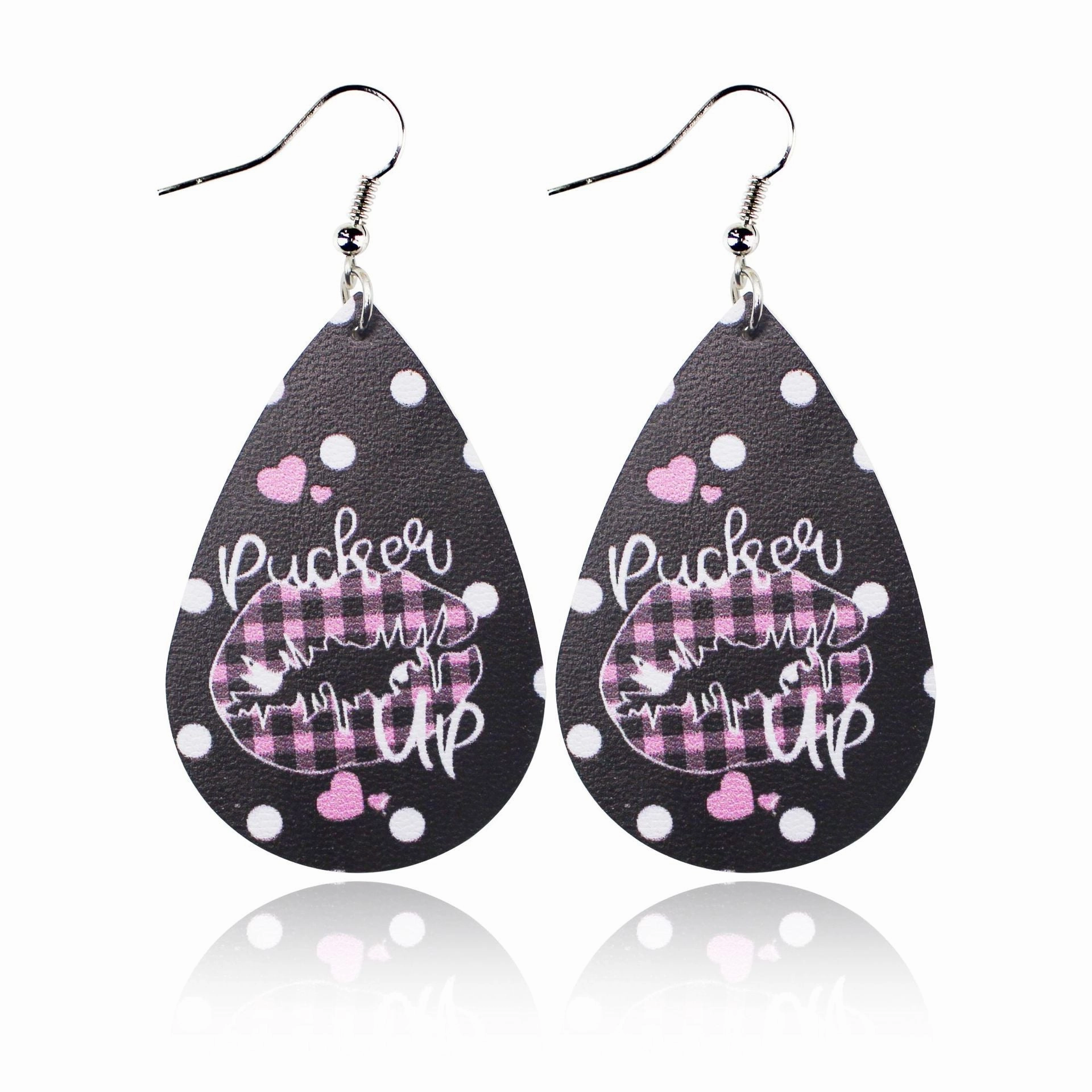Wholesale Valentine's Day Love Romantic Polka Dot Stripe Printed Water Drop Leather Earrings