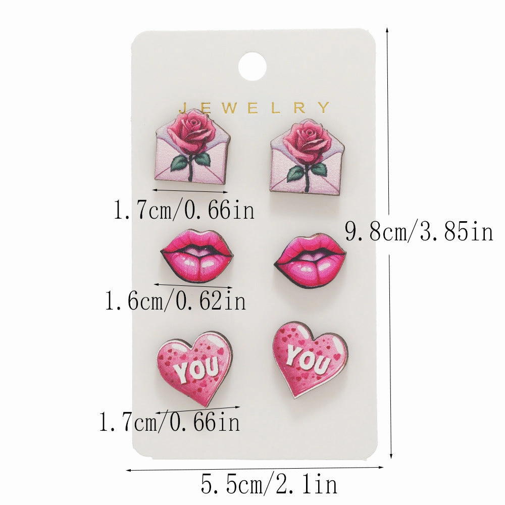 Wholesale Valentine's Day Love Rose Set Wooden Earrings