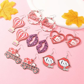 Wholesale Valentine's Day Love Truck Balloon Red Lip Wooden Earrings