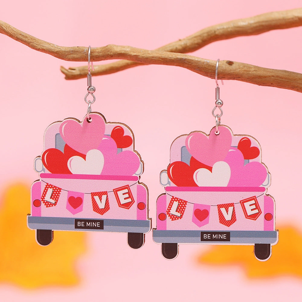Wholesale Valentine's Day Love Truck Love Letter Printed Wooden Earrings