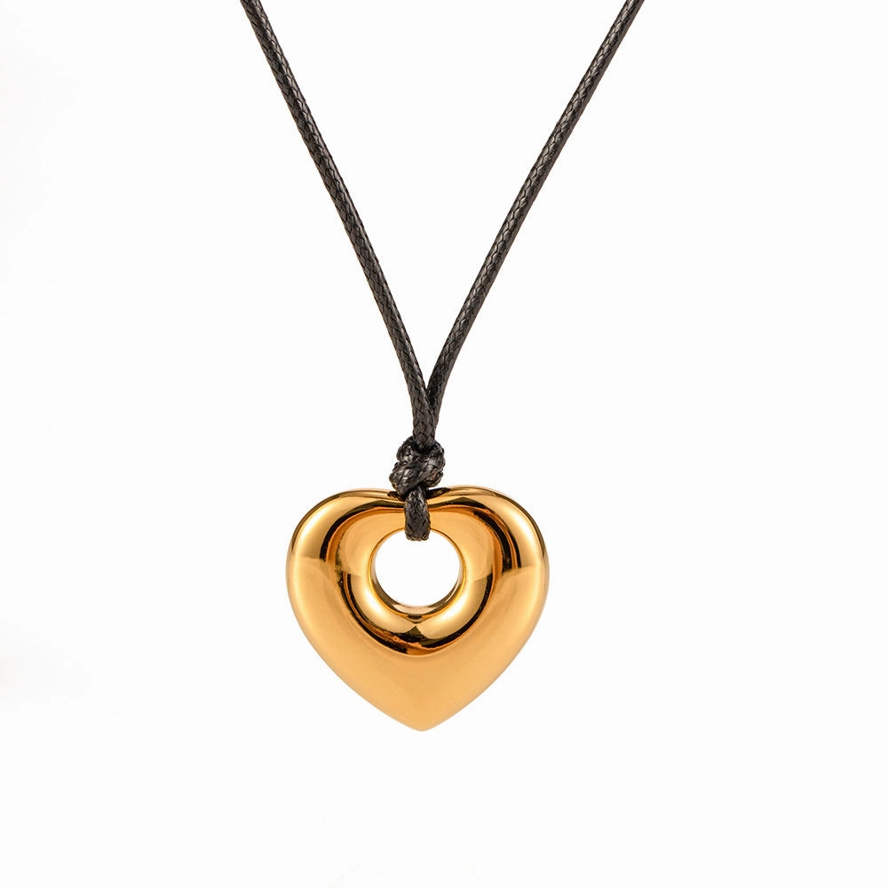 Wholesale Valentine's Day Stainless Steel Black Wax Rope Hollow Love Necklace