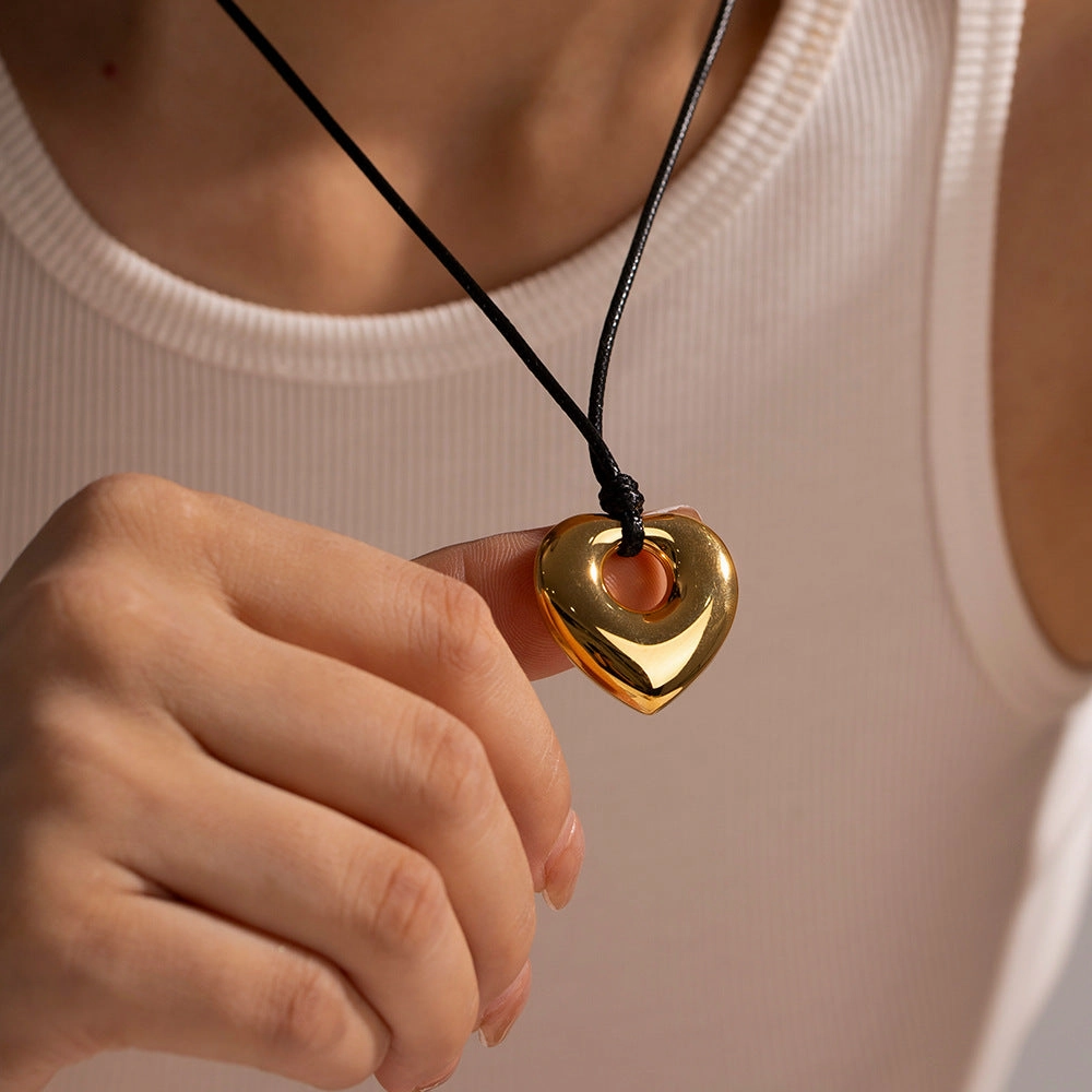 Wholesale Valentine's Day Stainless Steel Black Wax Rope Hollow Love Necklace