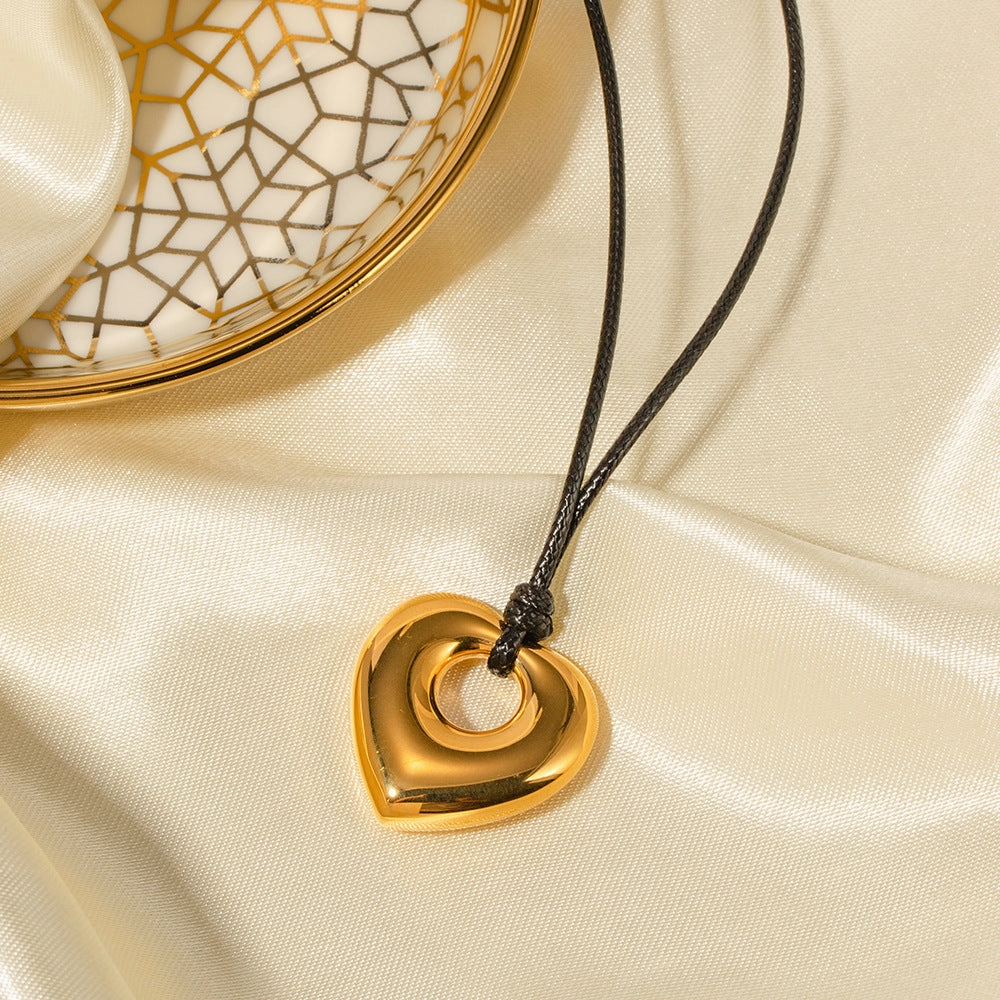Wholesale Valentine's Day Stainless Steel Black Wax Rope Hollow Love Necklace