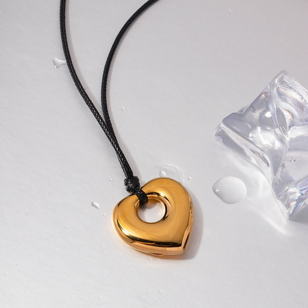 Wholesale Valentine's Day Stainless Steel Black Wax Rope Hollow Love Necklace