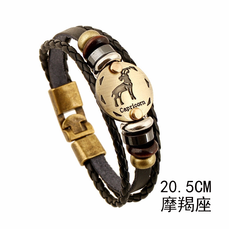 Wholesale Vintage 12 Zodiac Cowhide Multi-layer Bracelets