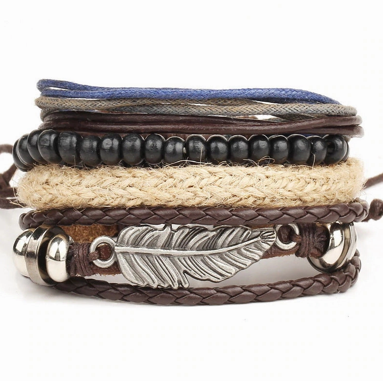 Wholesale Vintage Alloy Leaf Beaded Leather Bracelet