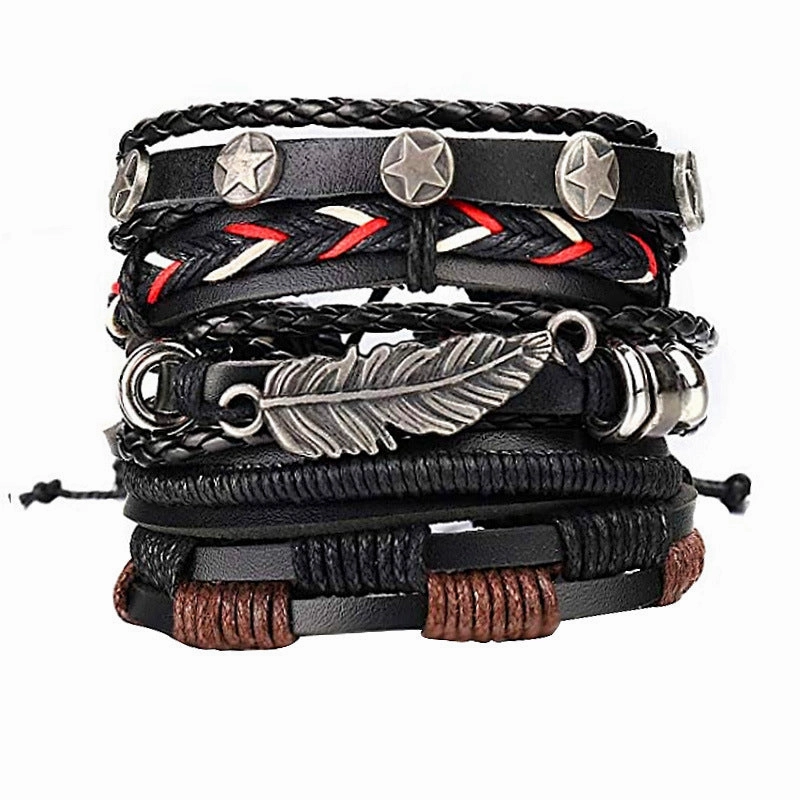 Wholesale Vintage Alloy Leaf Beaded Leather Bracelet