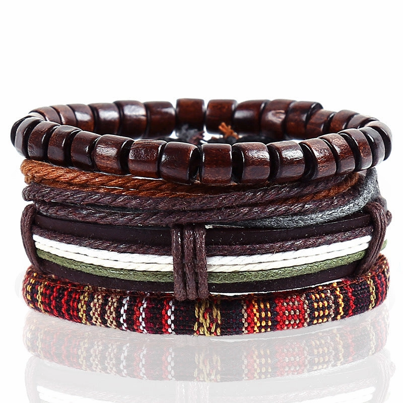 Wholesale Vintage Alloy Leaf Beaded Leather Bracelet