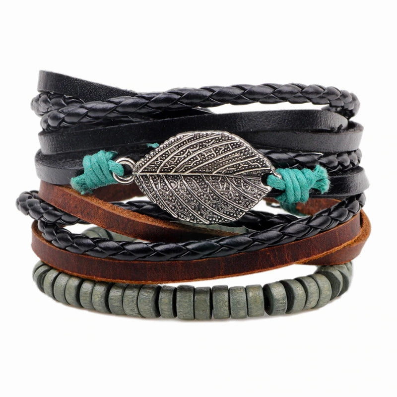 Wholesale Vintage Alloy Leaf Beaded Leather Bracelet