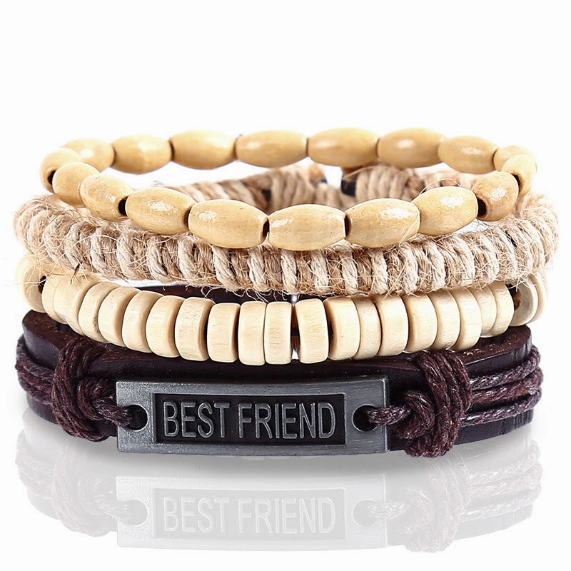 Wholesale Vintage Alloy Leaf Beaded Leather Bracelet