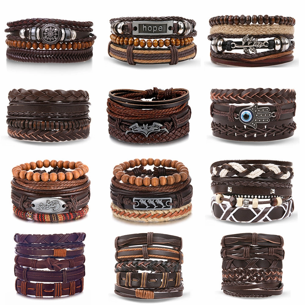 Wholesale Vintage Batman Braided Handmade Beads Multi-Layered Leather Bracelet