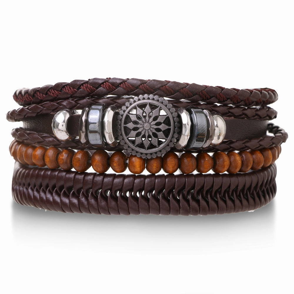 Wholesale Vintage Batman Braided Handmade Beads Multi-Layered Leather Bracelet