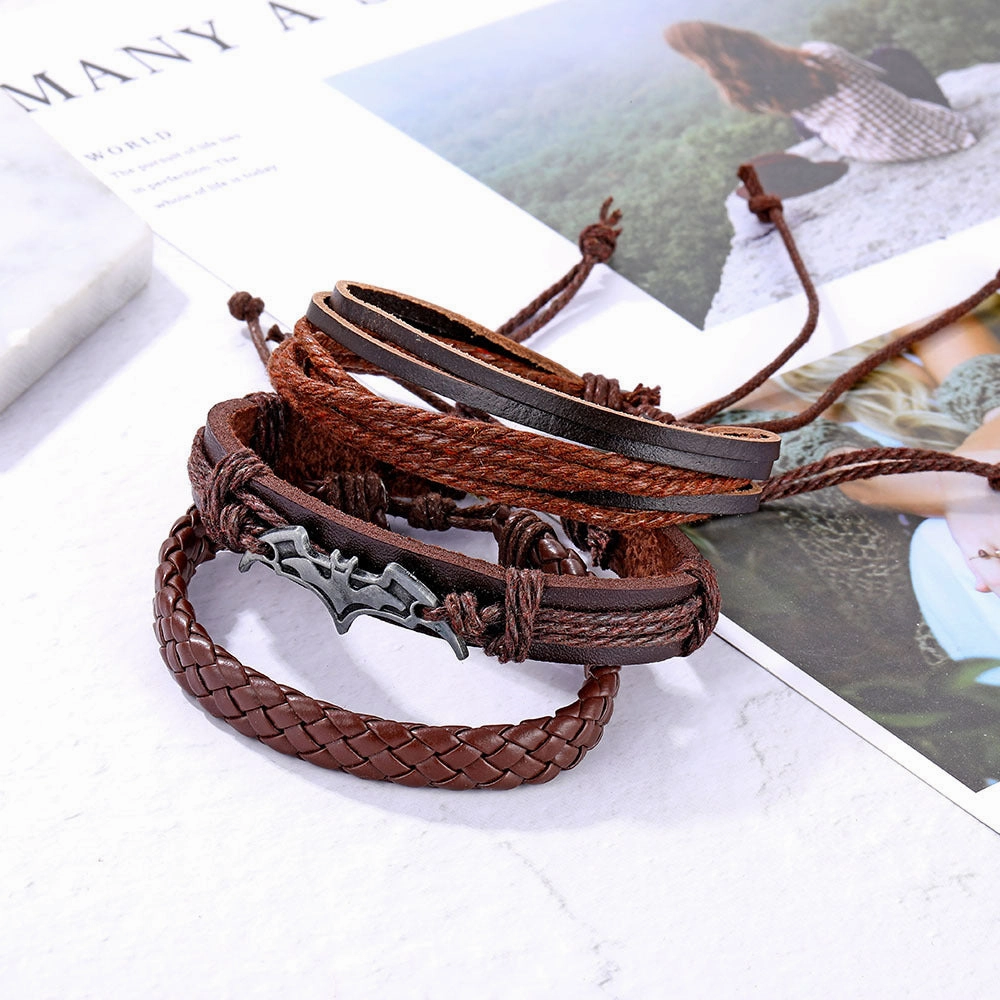 Wholesale Vintage Batman Braided Handmade Beads Multi-Layered Leather Bracelet
