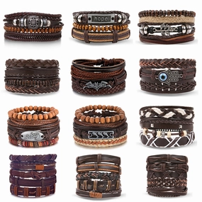 Wholesale Vintage Batman Braided Handmade Beads Multi-Layered Leather Bracelet