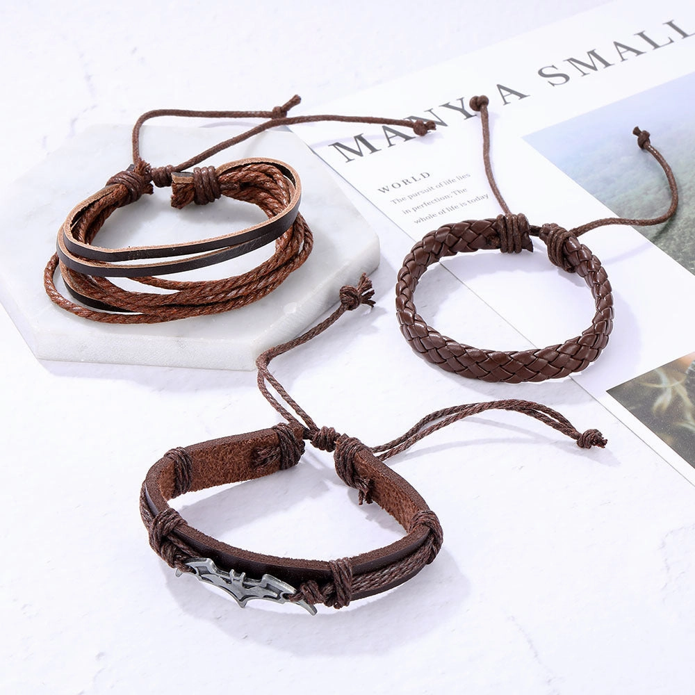 Wholesale Vintage Batman Braided Handmade Beads Multi-Layered Leather Bracelet