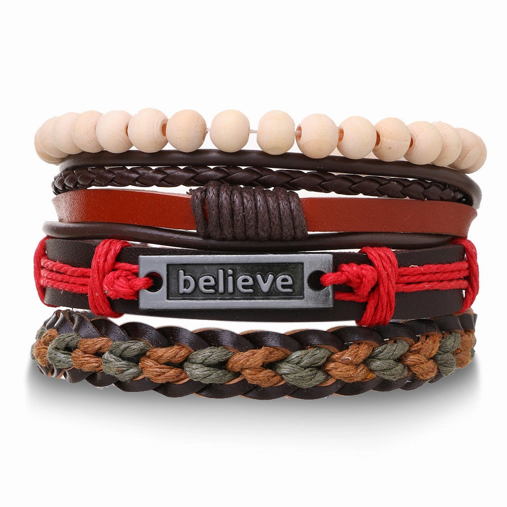 Wholesale Vintage Beads Men's Hollow Triangle Leather Bracelet