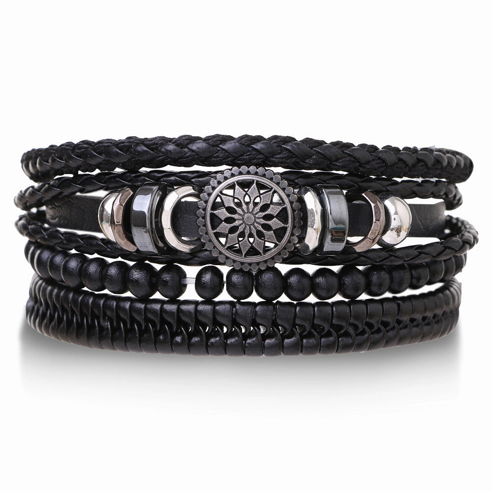 Wholesale Vintage Beads Men's Hollow Triangle Leather Bracelet