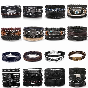 Wholesale Vintage Beads Men's Hollow Triangle Leather Bracelet