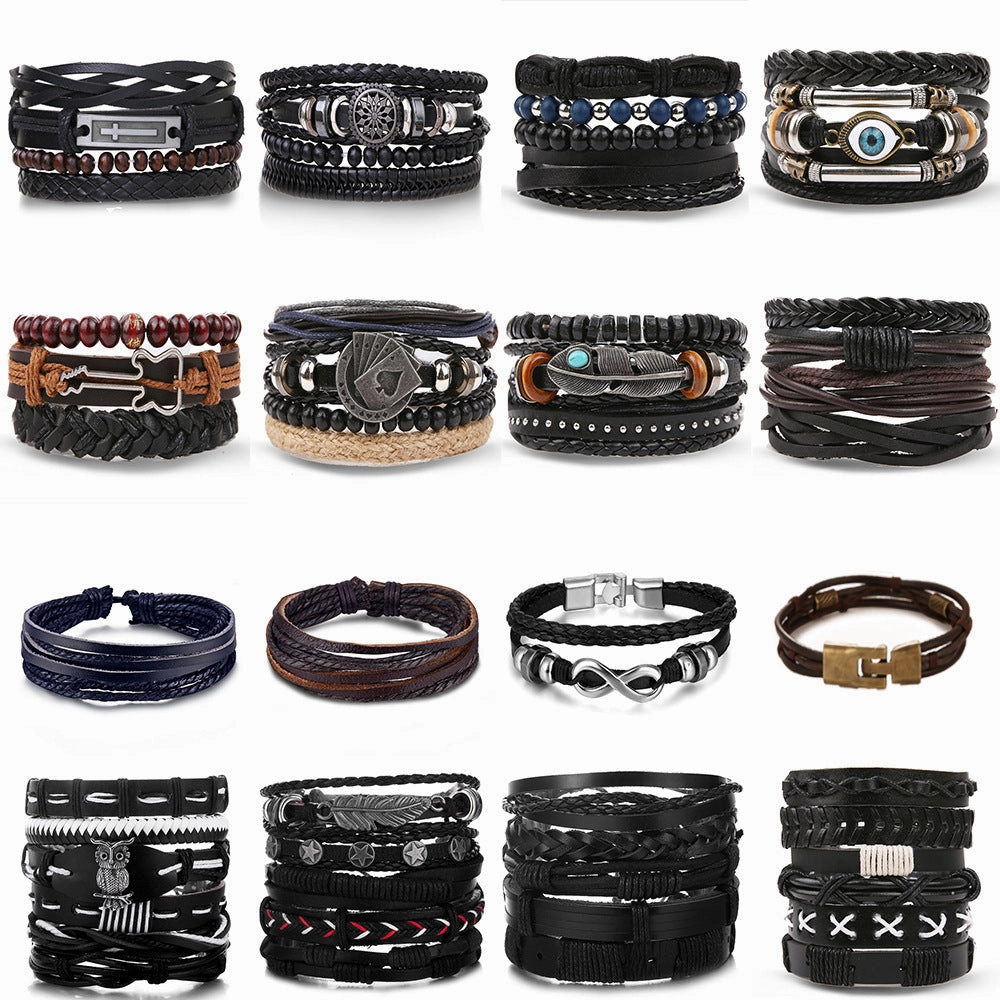 Wholesale Vintage Beads Men's Hollow Triangle Leather Bracelet